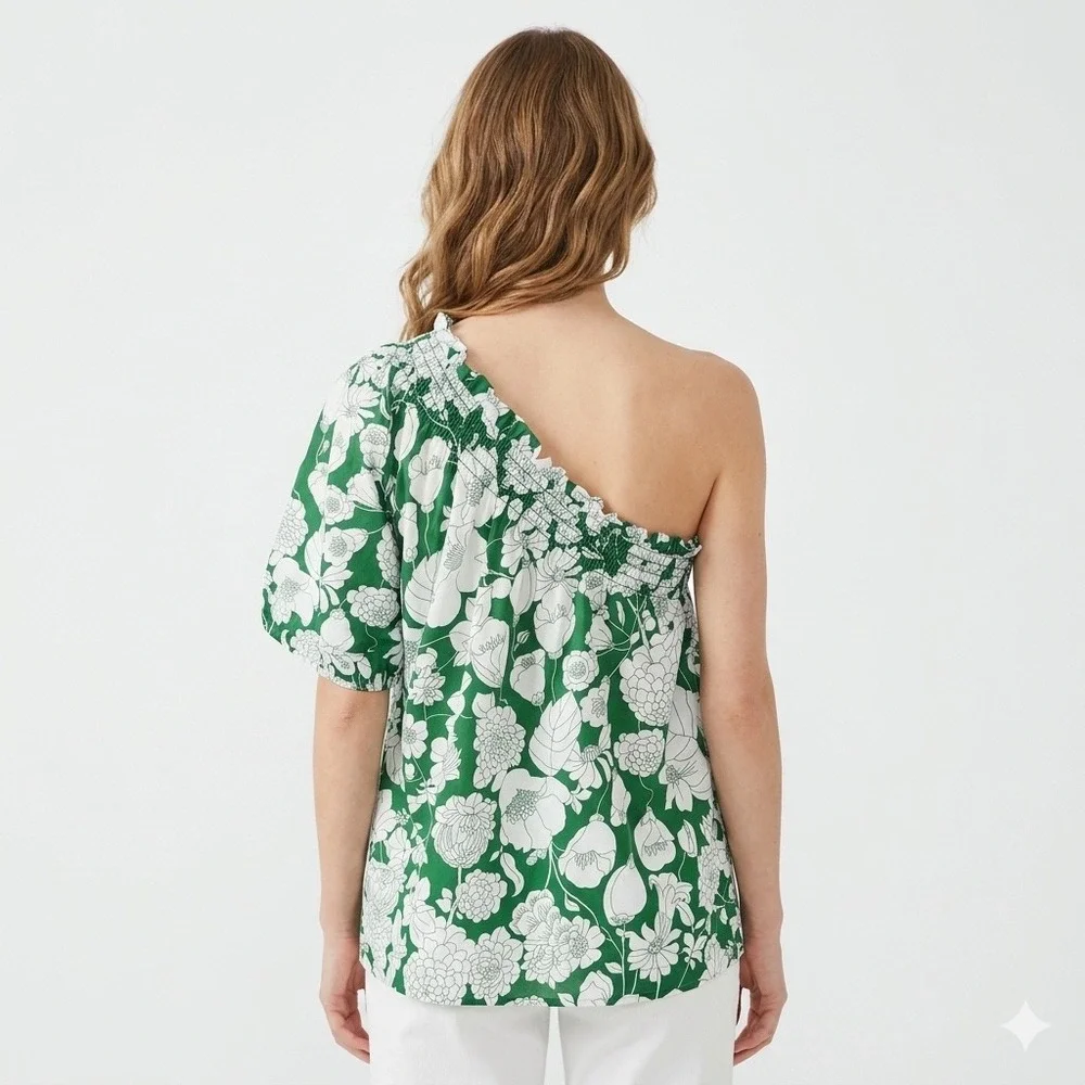 J.Crew One Shoulder Floral Top L Kelly Green Smocked Cotton Poplin Cottagecore - Picture 6 of 14